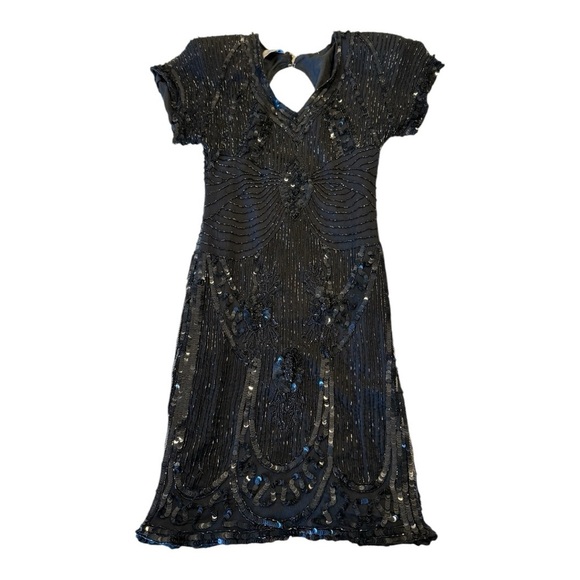 Stenay Vintage 80s Black Silk Beaded Sequin Midi Cocktail Party Small Gatsby - Picture 1 of 16